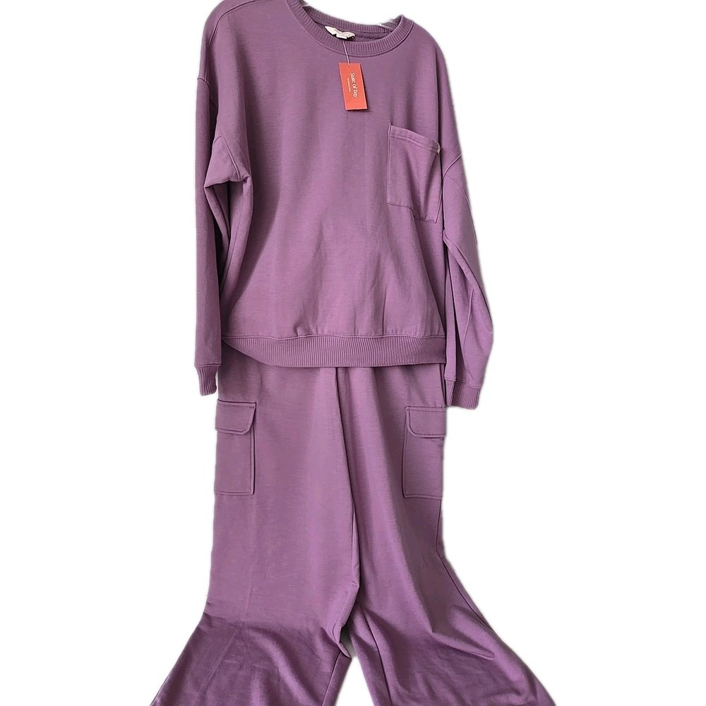 State of Day Intimates Lounge Set Purple Sweatshirt Cargo Joggers Medium NWT